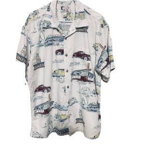 Blue water Mens Hawaiian Shirt Diner Classic Cars Button Up L Blue Plate Special